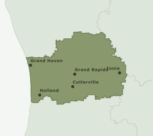 Area Code 616 geographic coverage map